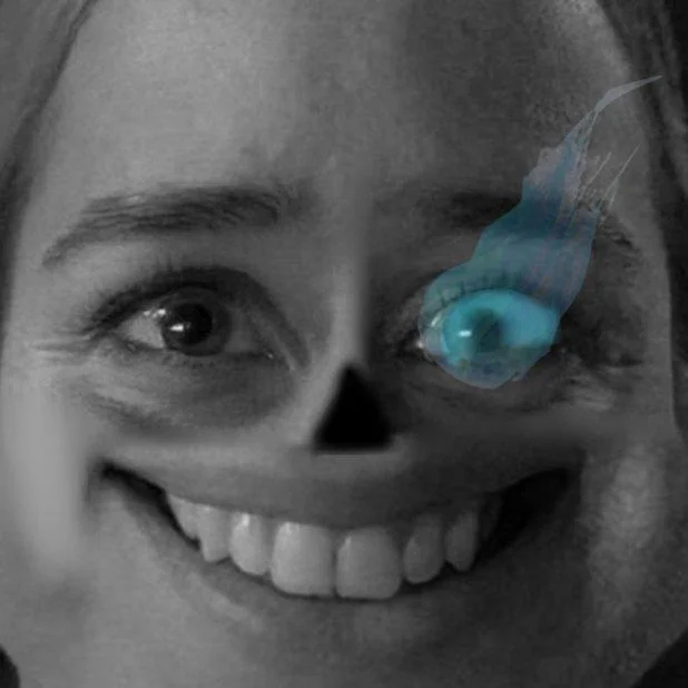 Vanessa Stare (FNAF) — Grayscale Vanessa face with skull grin and a jellyfish over one eye
