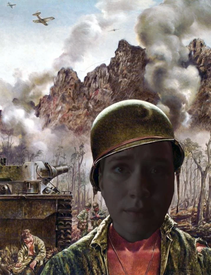 Vanessa Stare (FNAF) — Vanessa's face composited into a WWII combat painting wearing a soldier's helmet