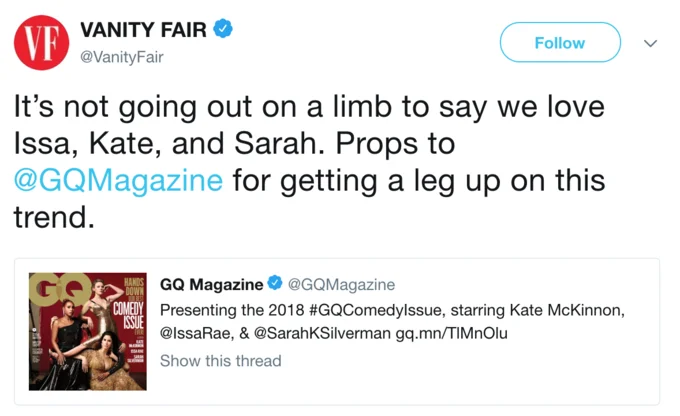 Vanity Fairs Hollywood Portfolio Cover — Vanity Fair response using 'leg up' phrase.