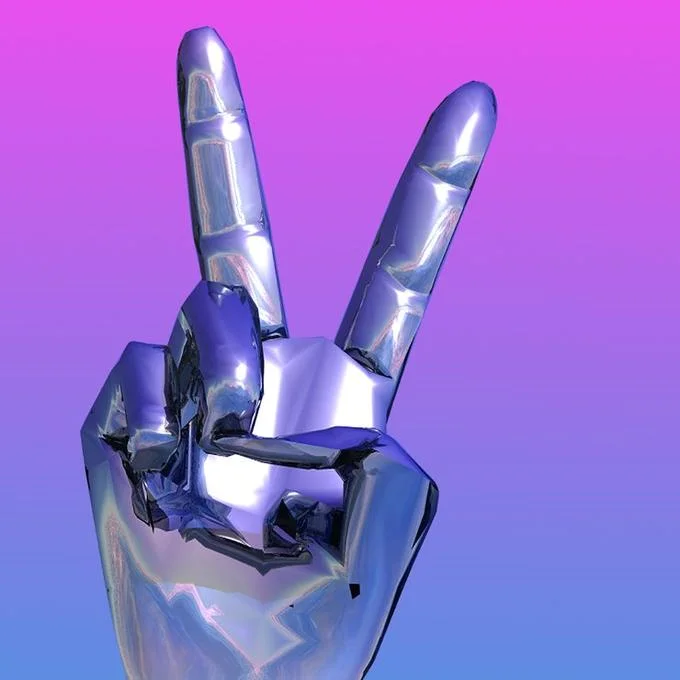 Vaporwave — Chrome 3D hand making peace sign against pink and purple gradient background