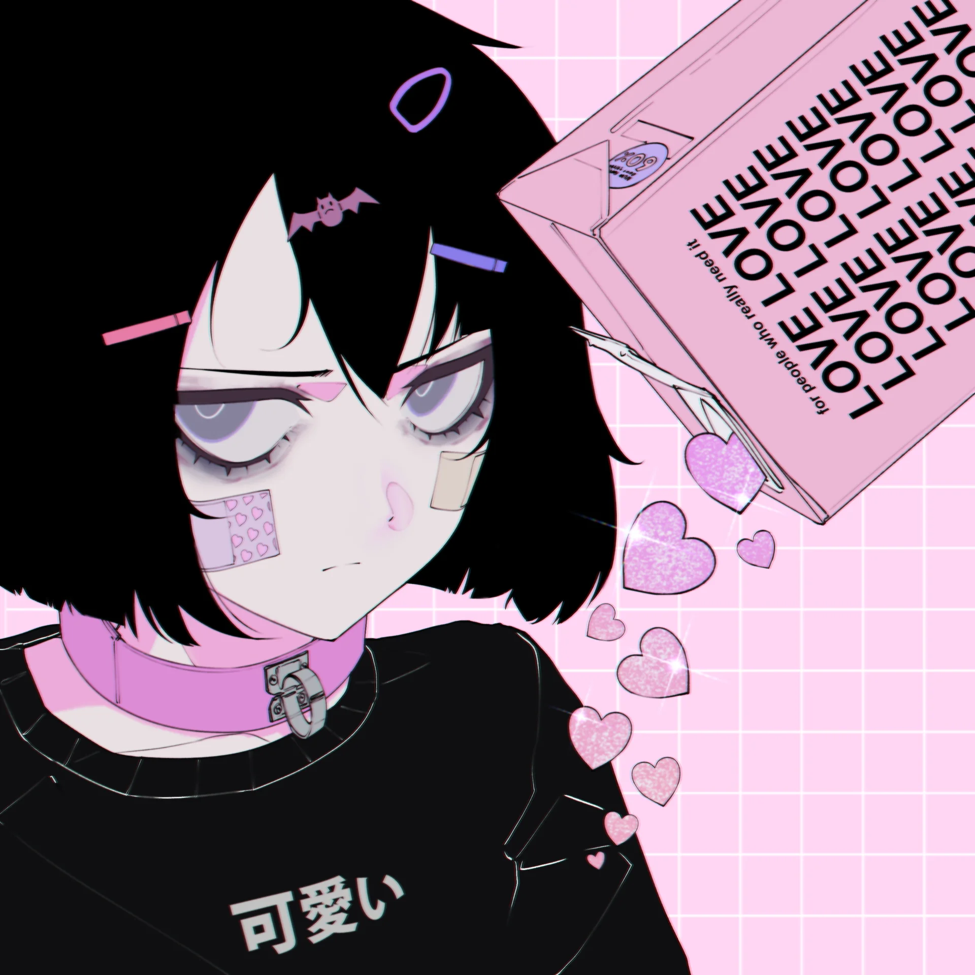 Vaporwave — Pastel goth anime girl with pink collar holding a LOVE carton pouring glittering pink hearts