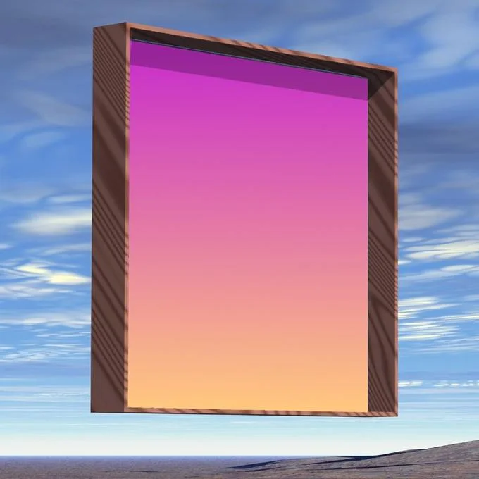 Vaporwave — 3D render of a wooden frame with pink and orange gradient floating against a cloudy sky