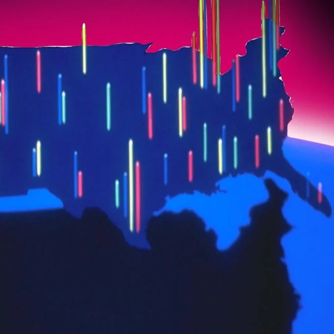 Vaporwave — Silhouette of the United States with neon vertical light bars on magenta horizon