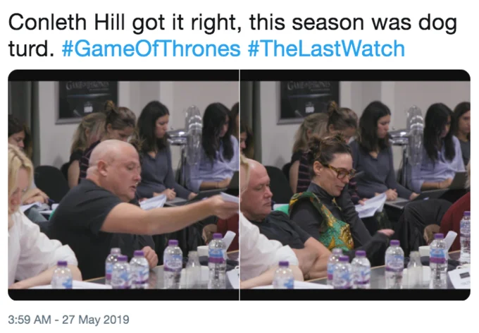 Varys — Tweet with Last Watch screenshots of Conleth Hill's script reaction