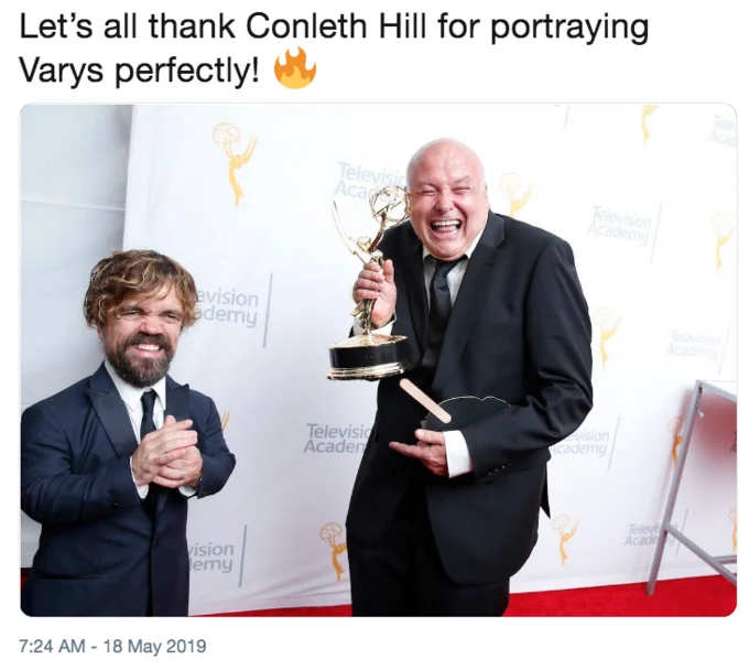 Varys — Tweet thanking Conleth Hill with Emmy photo alongside Peter Dinklage