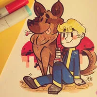 Vault Boy — Colorful illustration of characters in blue and yellow suits.