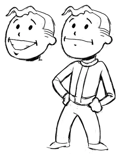 Black and white sketches showing Vault Boy facial expressions.