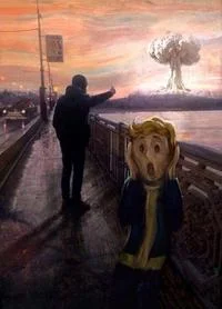 Vault Boy — Figure in vault suit witnessing nuclear mushroom cloud.