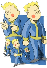 Vault Boy with multiple Vault-Tec residents in suits.