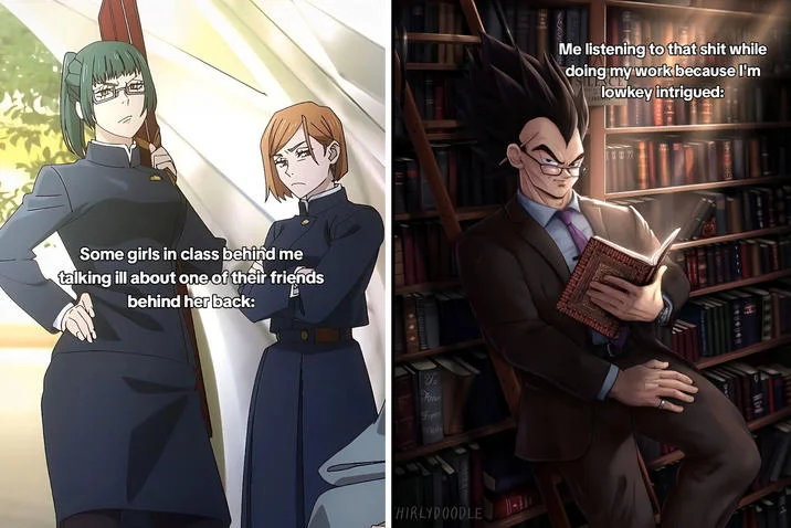 Twitter screenshot featuring the Vegeta Reading method meme in an anime discussion thread