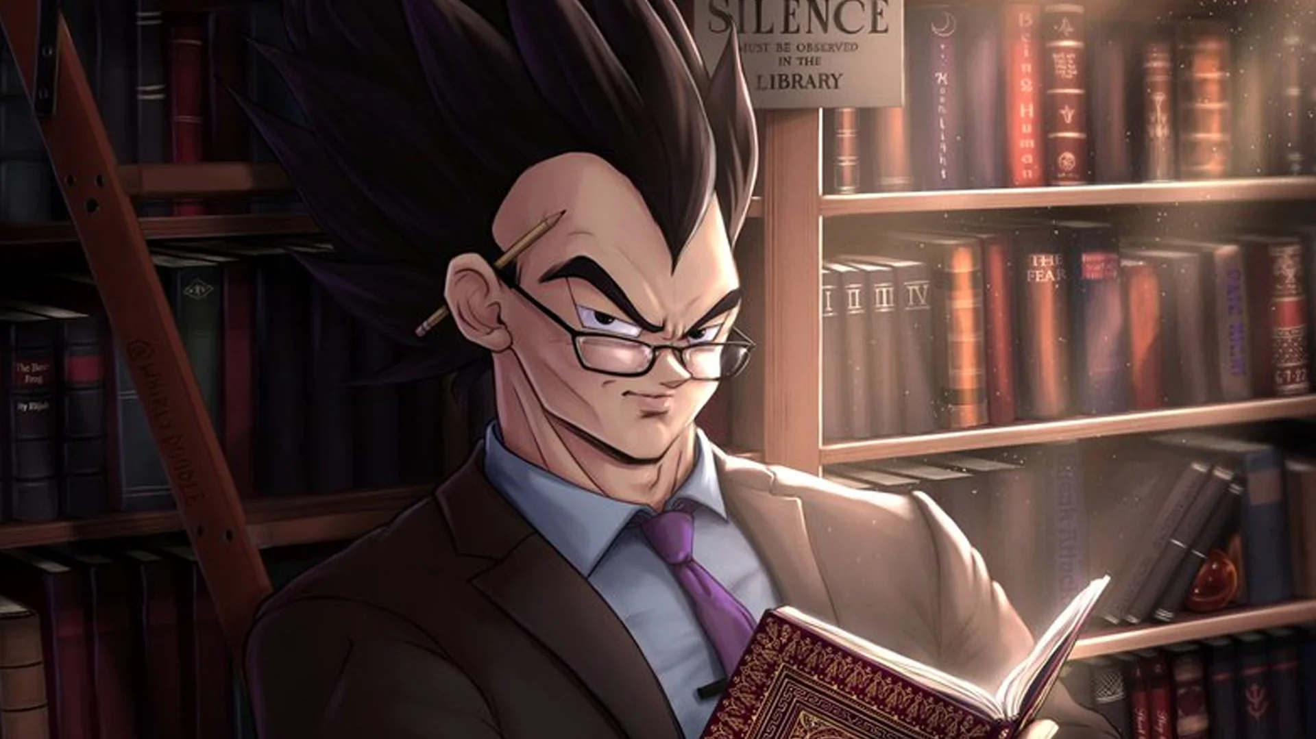 Vegeta Reading — Vegeta in a suit and glasses reading a book in a library beneath a Silence sign