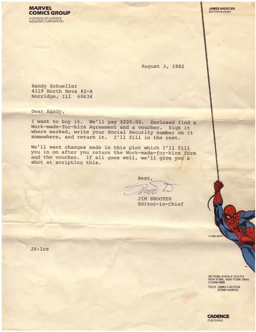 Venom — Scanned 1982 Marvel Comics letter from Jim Shooter to Randy Schueller offering to buy his black costume design