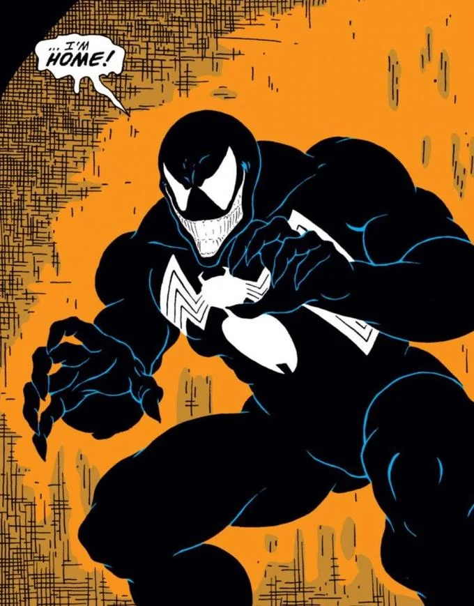 Comic panel of Venom grinning with claws raised, saying I'm Home, on an orange background