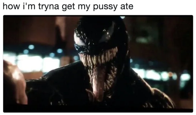 Still of 2018 movie Venom overlaid with many lustful tweets and reaction comments