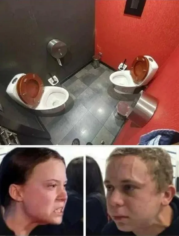 Versus Pooping — Two angled facing toilets above the Greta Thunberg versus crying boy meme