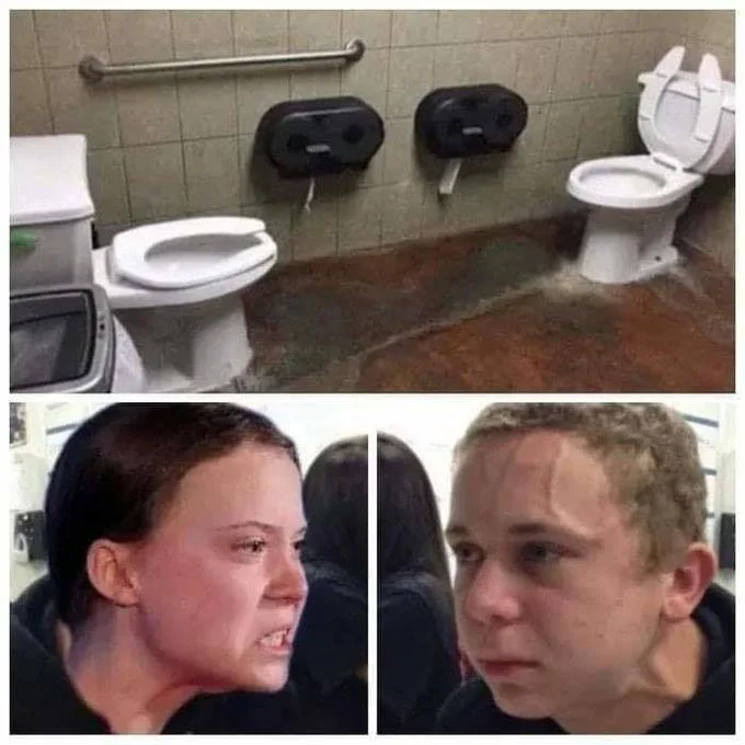 Versus Pooping — Facing toilets above Greta Thunberg glaring at a crying blonde man meme
