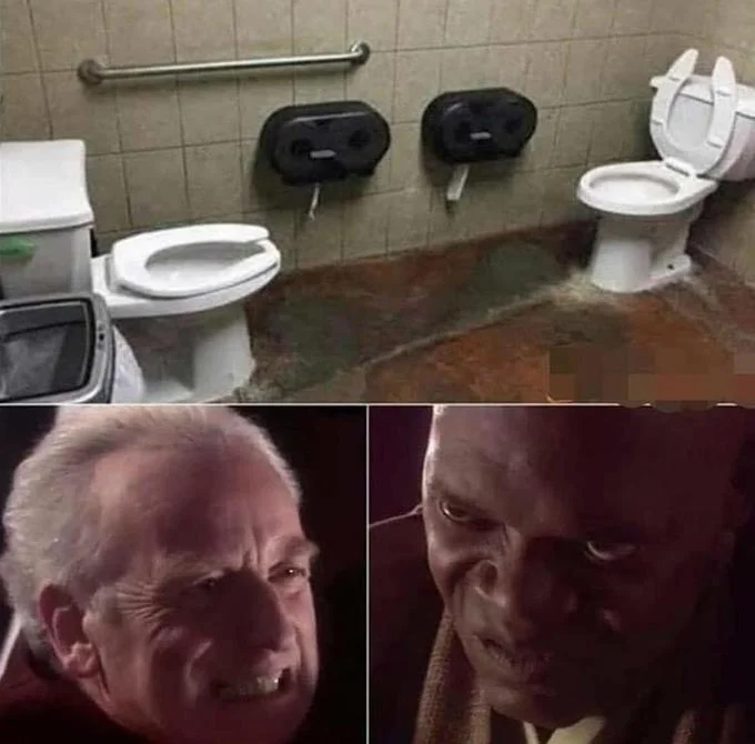 Versus Pooping — Facing toilets above Palpatine and Mace Windu Star Wars confrontation