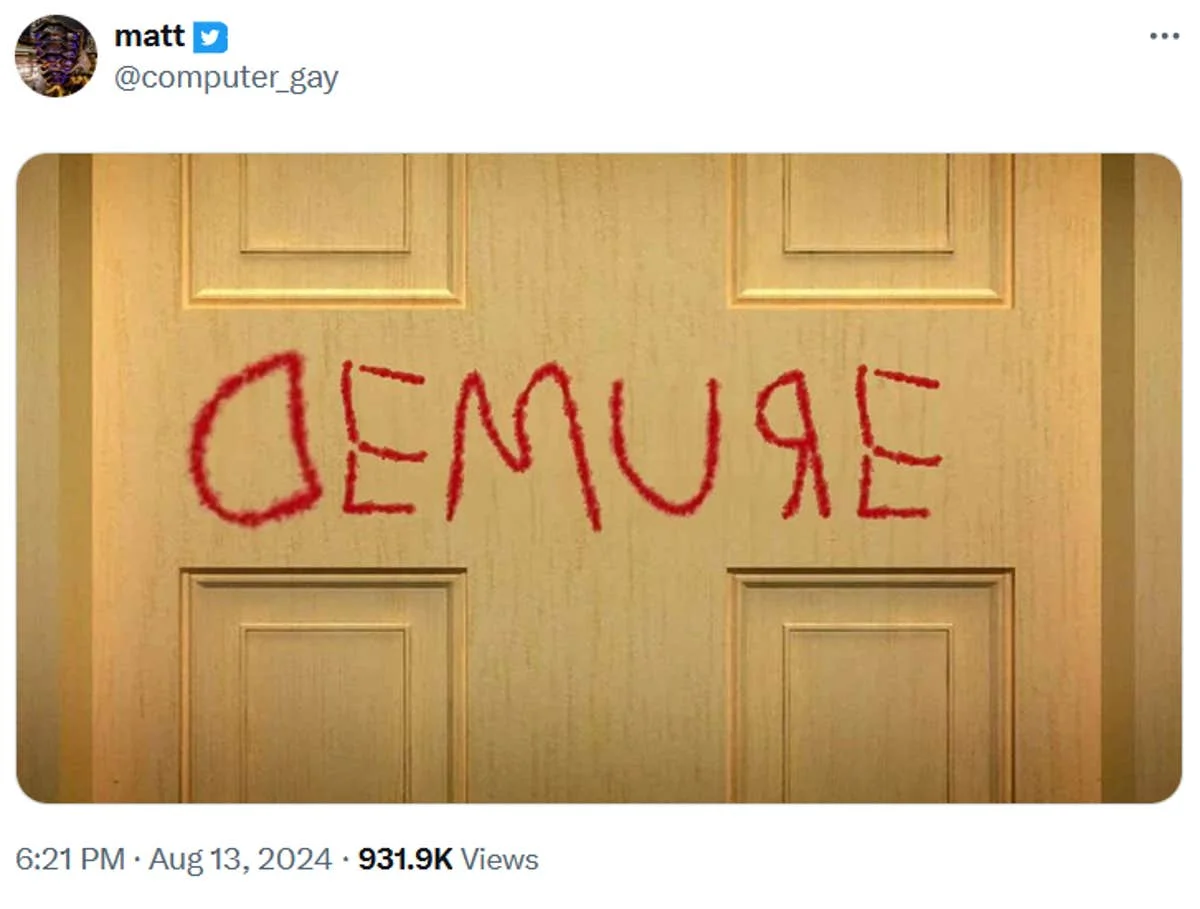 Very Demure — Wooden doors or panels with bold red 'DEMURE' text.