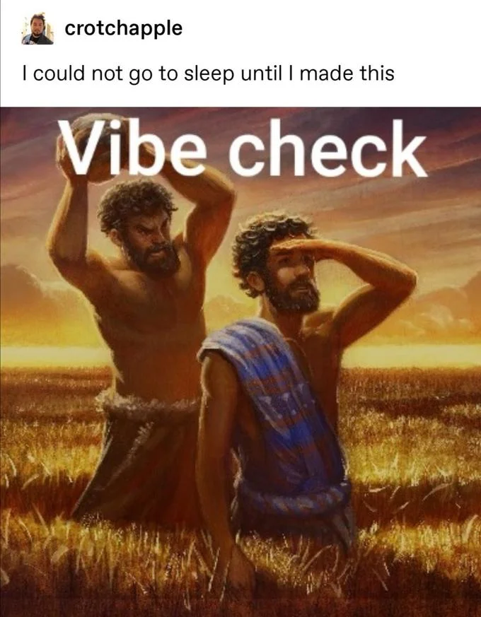 Custom artwork of figures in field with vibe check caption.