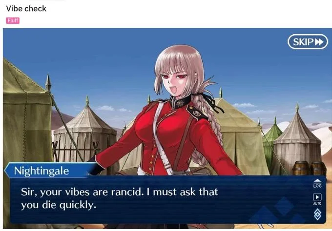 Vibe Check — Fire Emblem game dialogue about rancid vibes.
