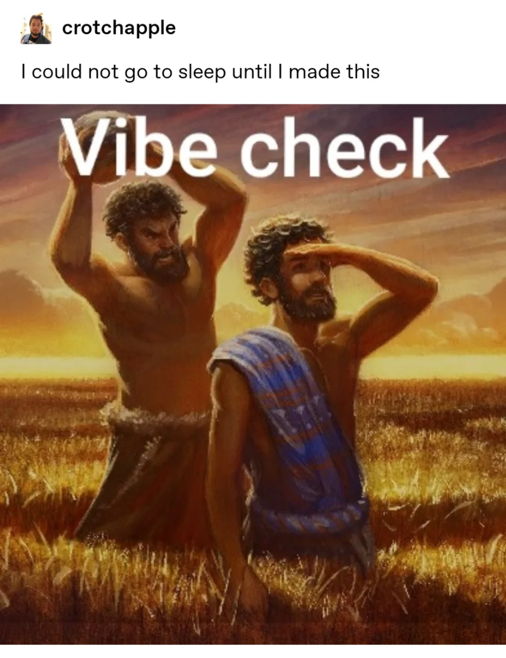 Vibe Check — Custom artwork of figures in golden wheat field with caption.