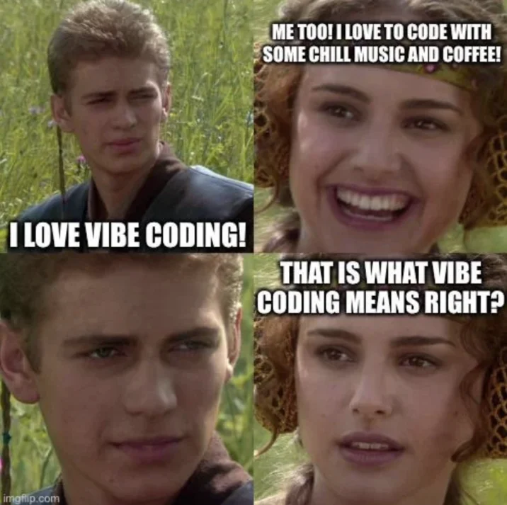 Anakin/Padmé meme correcting vibe coding misconception.