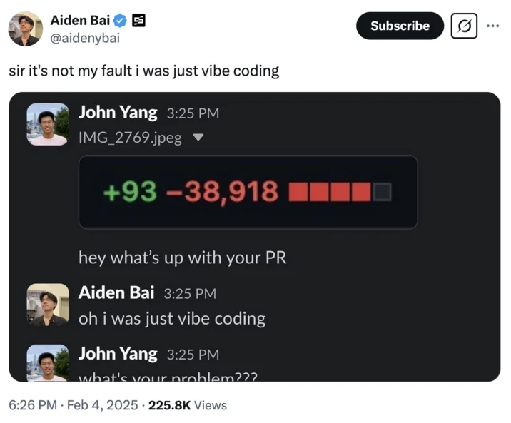 Vibe Coding — Discord conversation about massive code deletion.