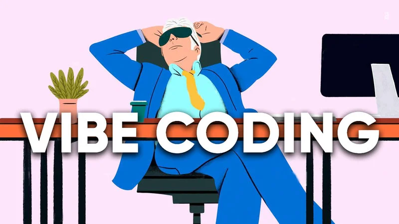Man in blue suit at desk with VIBE CODING text overlay.