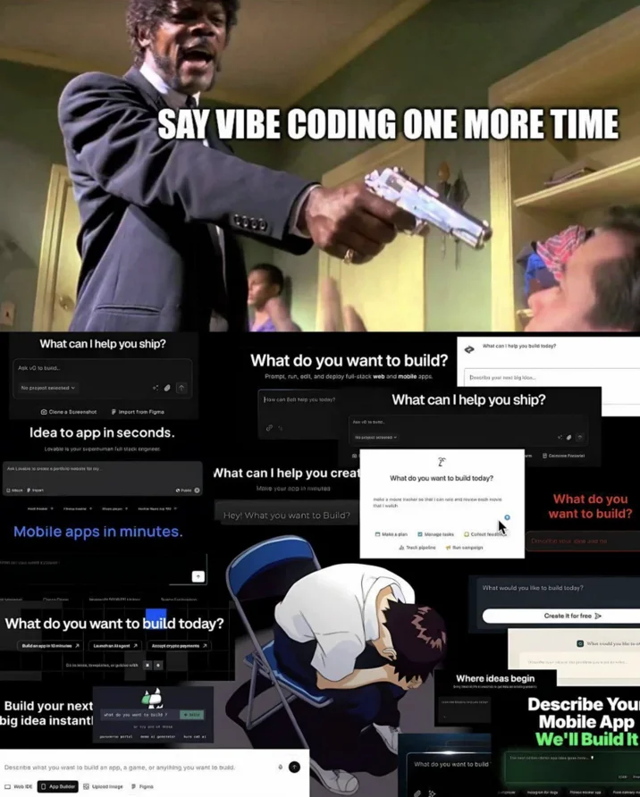 Vibe Coding — Pulp Fiction scene with Cursor interface warnings.