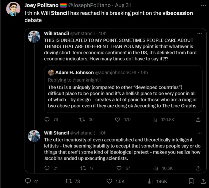 Joey Politano tweet about Will Stancil's breaking point on the vibecession debate