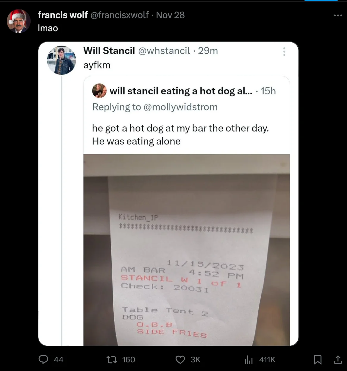 Vibecession — Francis wolf tweet amplifying the Will Stancil hot dog receipt incident