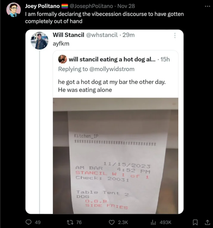 Joey Politano declares vibecession discourse out of hand with Will Stancil hot dog receipt tweet