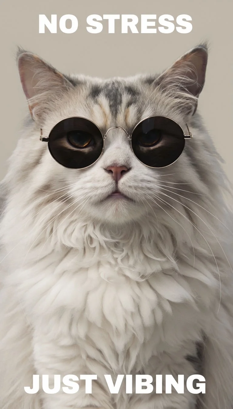 Vibing Cat — White fluffy cat with sunglasses and 'no stress just vibing' text.