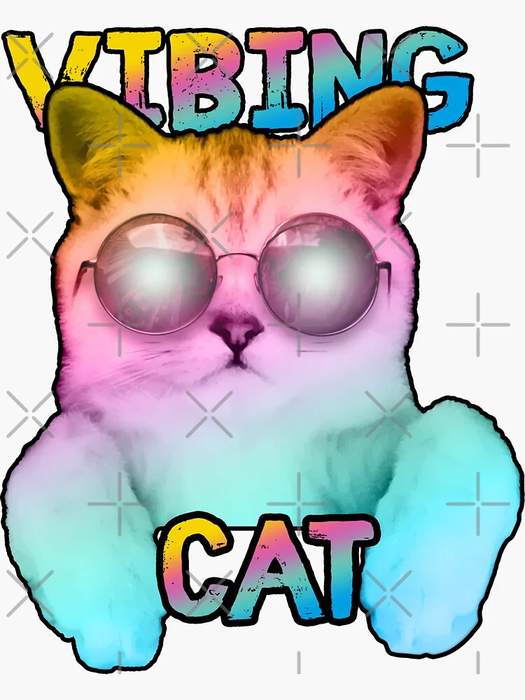 Vibing Cat — Psychedelic gradient cat wearing sunglasses with colorful text.