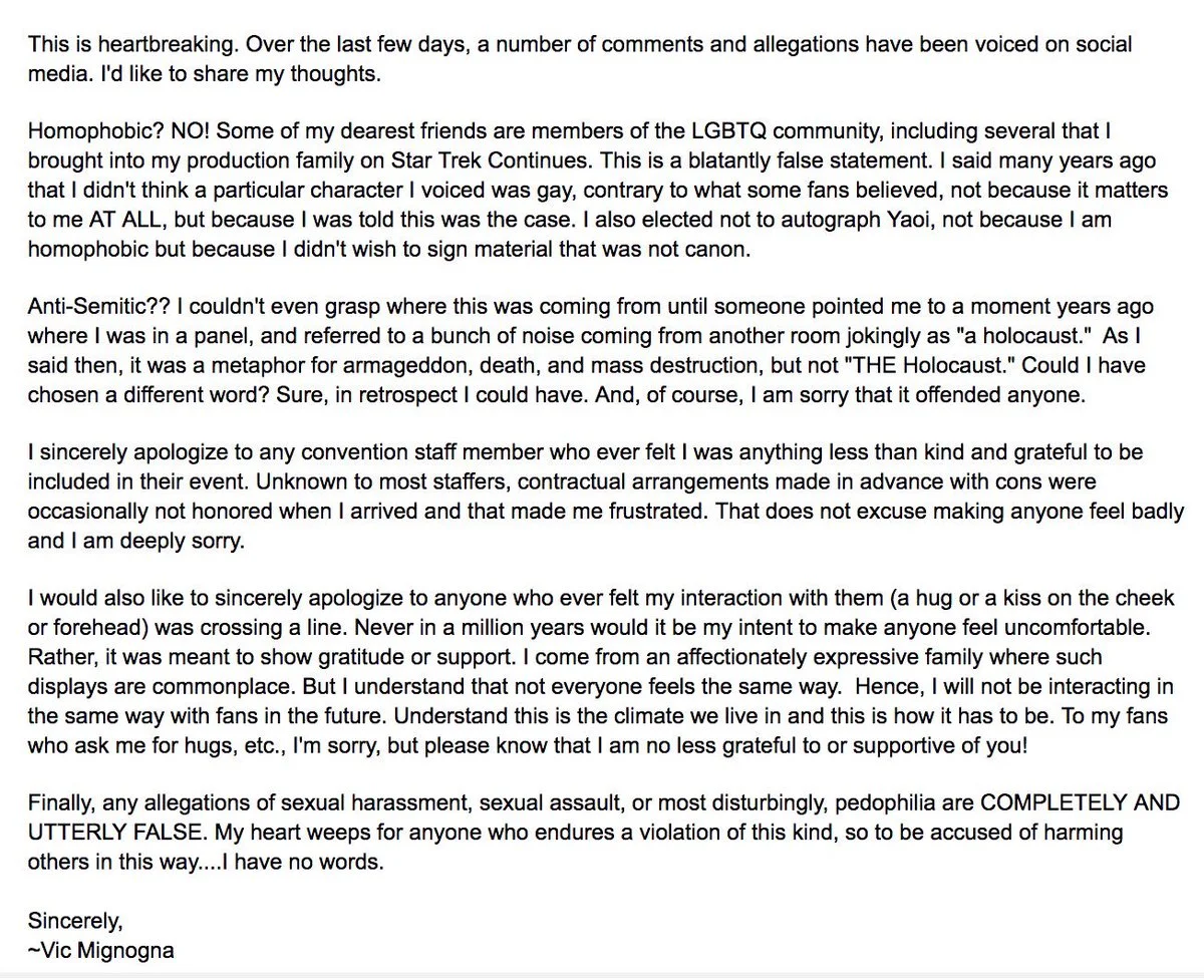 Vic Mignogna Sexual Harassment Allegations — Tweet about Vic Mignogna's lawyers receiving a cease and desist letter over Fear the Beard merchandise
