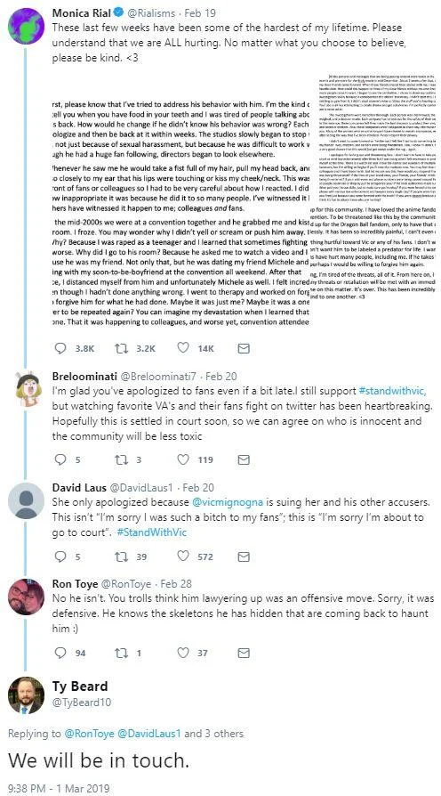 Vic Mignogna Sexual Harassment Allegations — Lengthy text statement from Vic Mignogna responding to various allegations