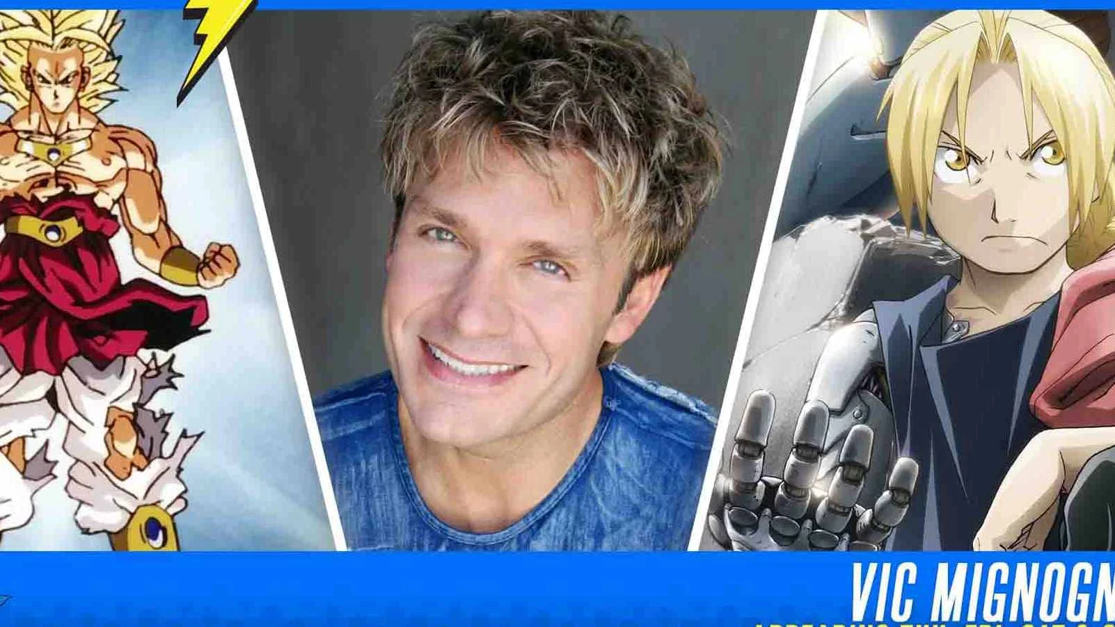 Vic Mignogna Sexual Harassment Allegations — Voice actor Vic Mignogna smiling, with anime characters Broly and Edward Elric on either side of him