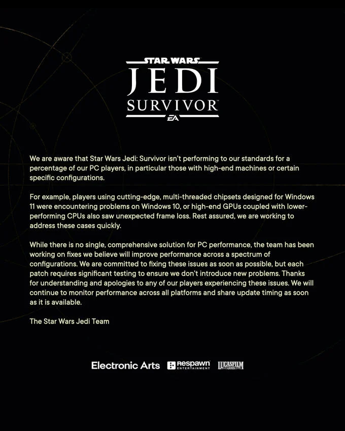 Video Game Apologies — Star Wars Jedi Survivor PC performance apology letter on black starfield background