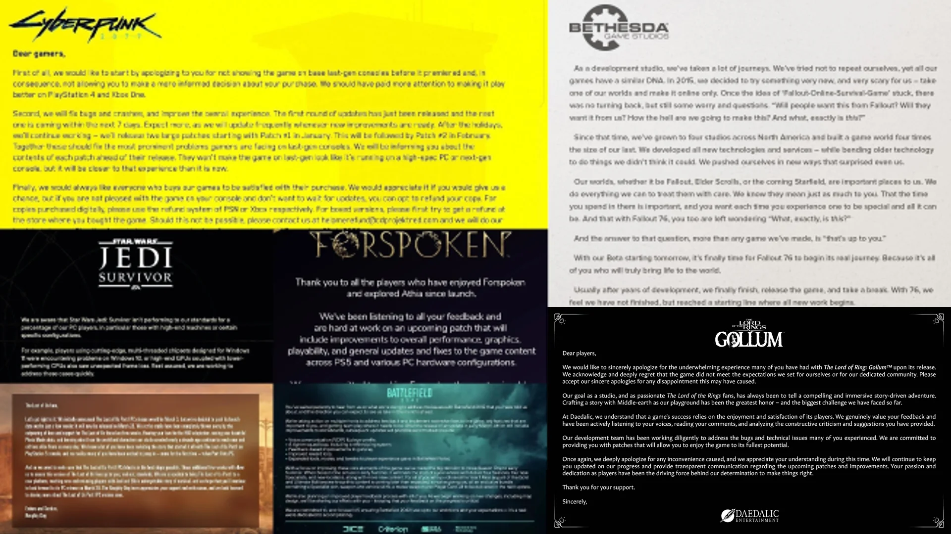 Video Game Apologies — Collage of six video game studio apology letters including Cyberpunk 2077, Bethesda, Jedi Survivor, Forspoken, Battlefield, and Gollum
