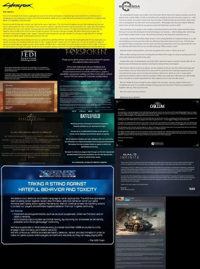 Video Game Apologies — Large grid collage of ten video game apology letters from various major studios
