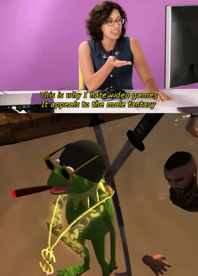 Video Games Appeal to the Male Fantasy — Male fantasy meme paired with a cartoon frog character wearing a gold chain and sunglasses with a katana.
