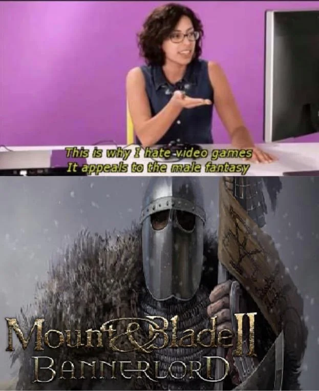 Video Games Appeal to the Male Fantasy — Male fantasy meme paired with Mount & Blade II: Bannerlord cover art showing an armored warrior.