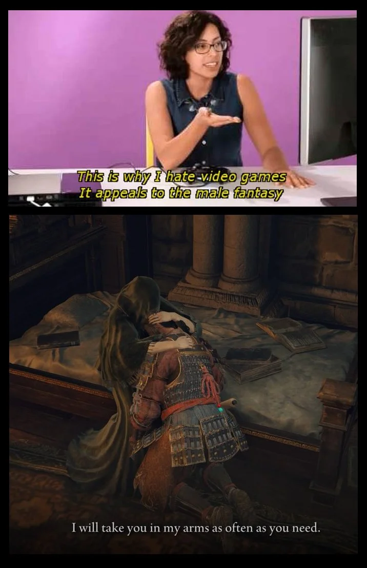 Video Games Appeal to the Male Fantasy — Male fantasy meme paired with Sekiro scene of Emma embracing Sekiro with comforting dialogue.