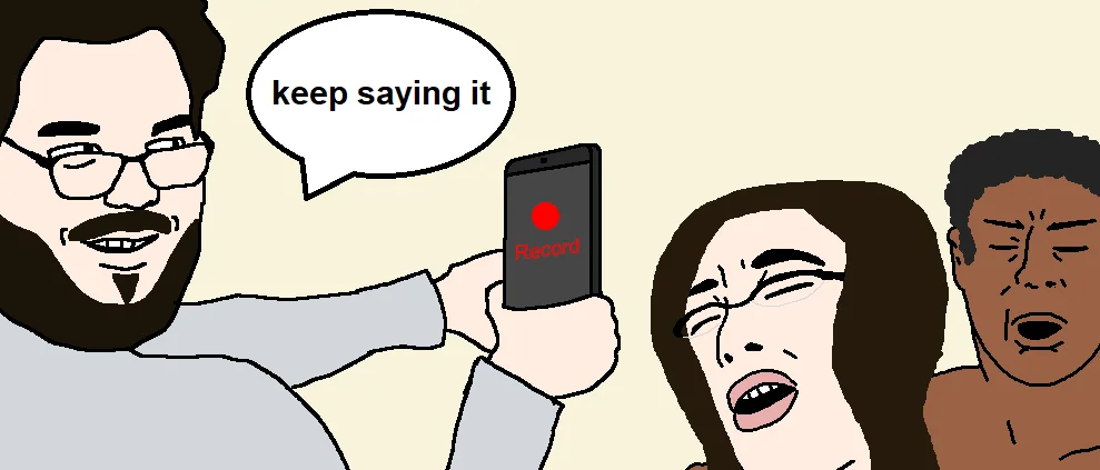 VideoGameDunkey — Keep saying it soyjak meme with bearded man holding a recording phone while others laugh