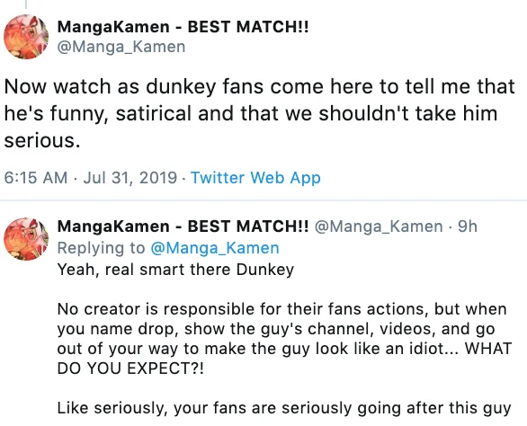 VideoGameDunkey — Tweets by MangaKamen criticizing Dunkey for name-dropping a smaller YouTuber and his fans' subsequent actions