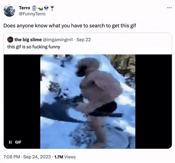 Viking Guy With Two Battle Axes Jumping Off a Snowy Cliff — Tweet from Terro asking how to search for the viking GIF, quote-tweeting the original post
