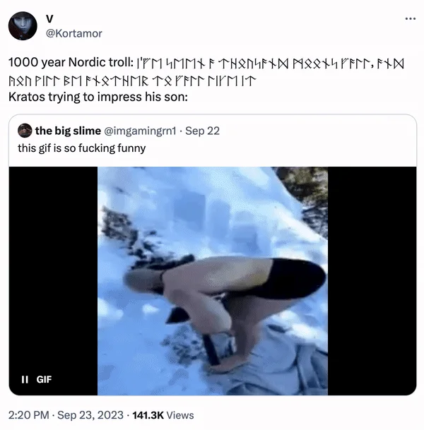 Viking Guy With Two Battle Axes Jumping Off a Snowy Cliff — Tweet with Norse runes and a Kratos joke, embedding the viking GIF