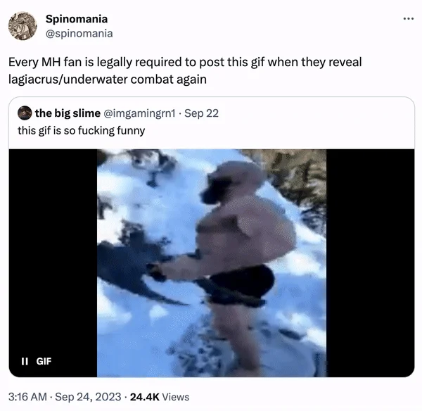 Viking Guy With Two Battle Axes Jumping Off a Snowy Cliff — Tweet referencing Monster Hunter fans and Lagiacrus, embedding the viking GIF