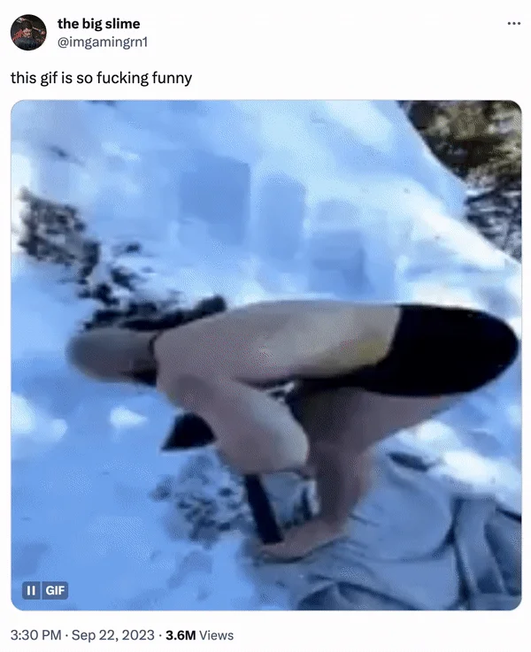 Viking Guy With Two Battle Axes Jumping Off a Snowy Cliff — Twitter post by the big slime captioned 'this gif is so fucking funny' with the viking GIF, 3.6M