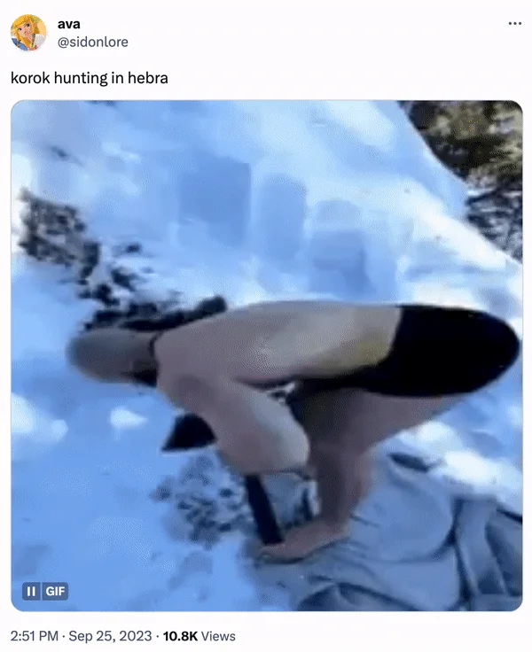 Viking Guy With Two Battle Axes Jumping Off a Snowy Cliff — Tweet captioned 'korok hunting in hebra' with the viking GIF